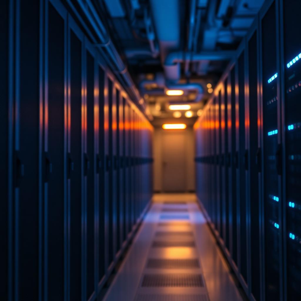 Modern data center with server racks and status lights