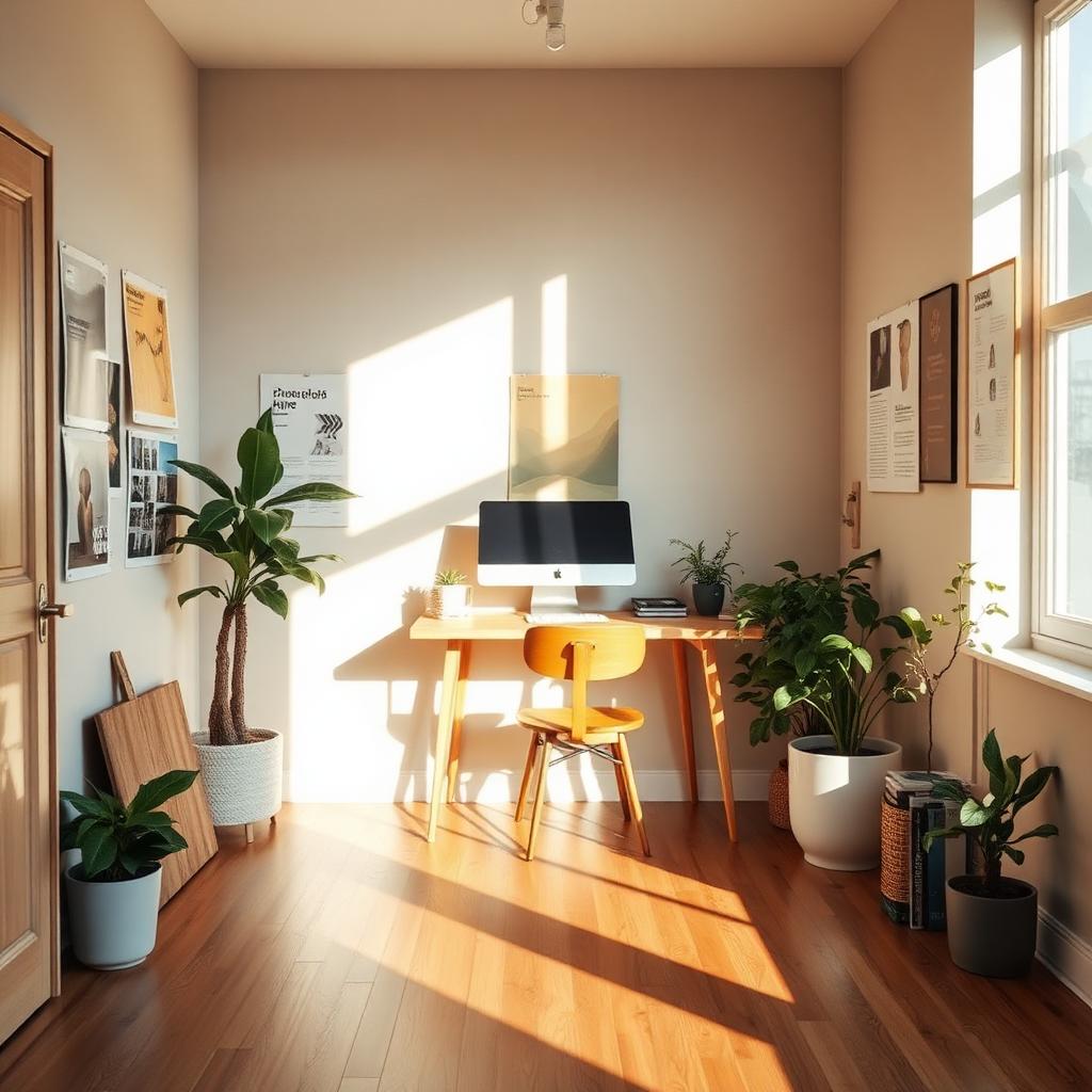 Small design studio with sketches and a laptop on a wooden desk