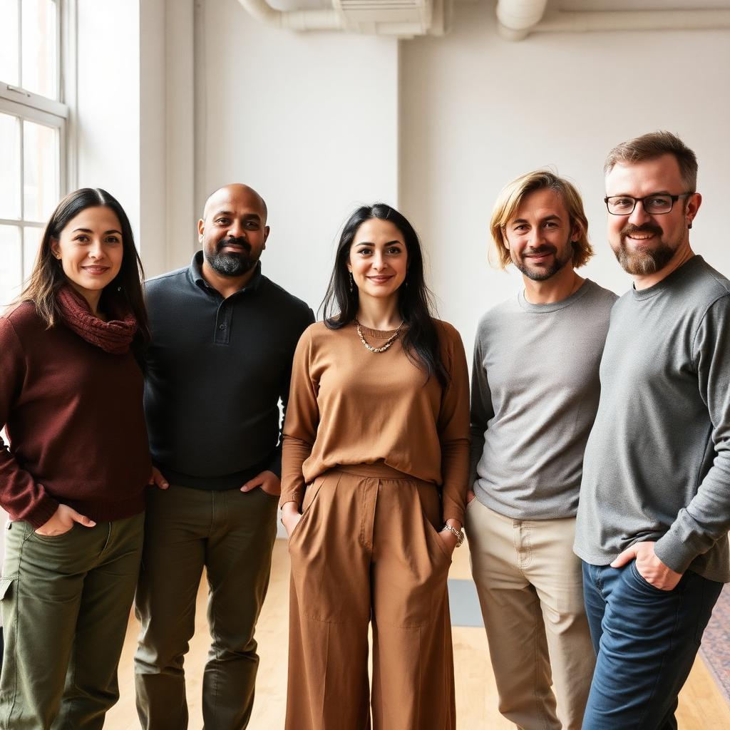 Small design team gathered around a shared studio table