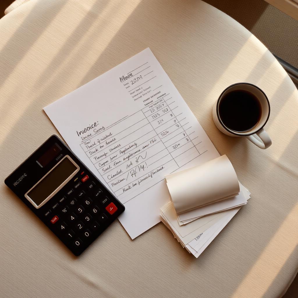Hand writing figures in a paper ledger beside a calculator