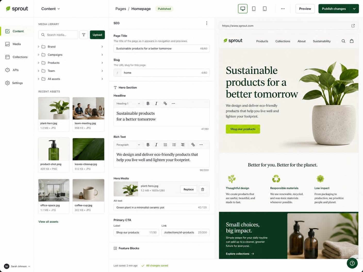 Headless CMS editor showing structured content fields next to a live website preview