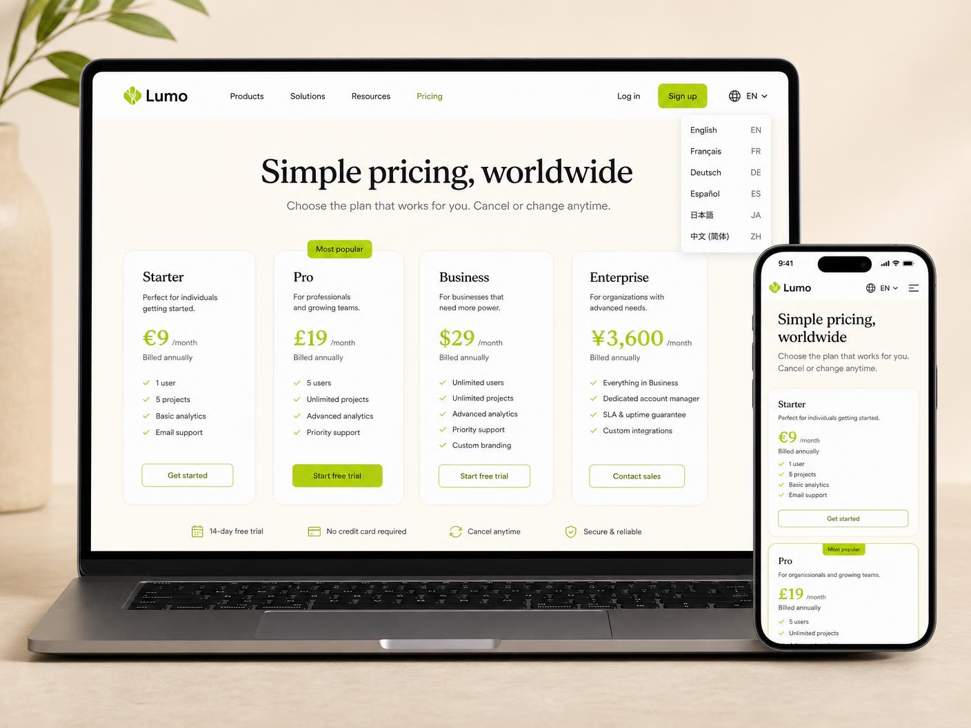 Website shown across devices with global delivery and multiple currencies