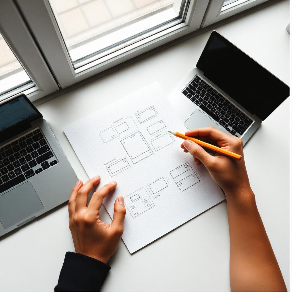 Senior designer reviewing a printed brand style guide at a wooden desk