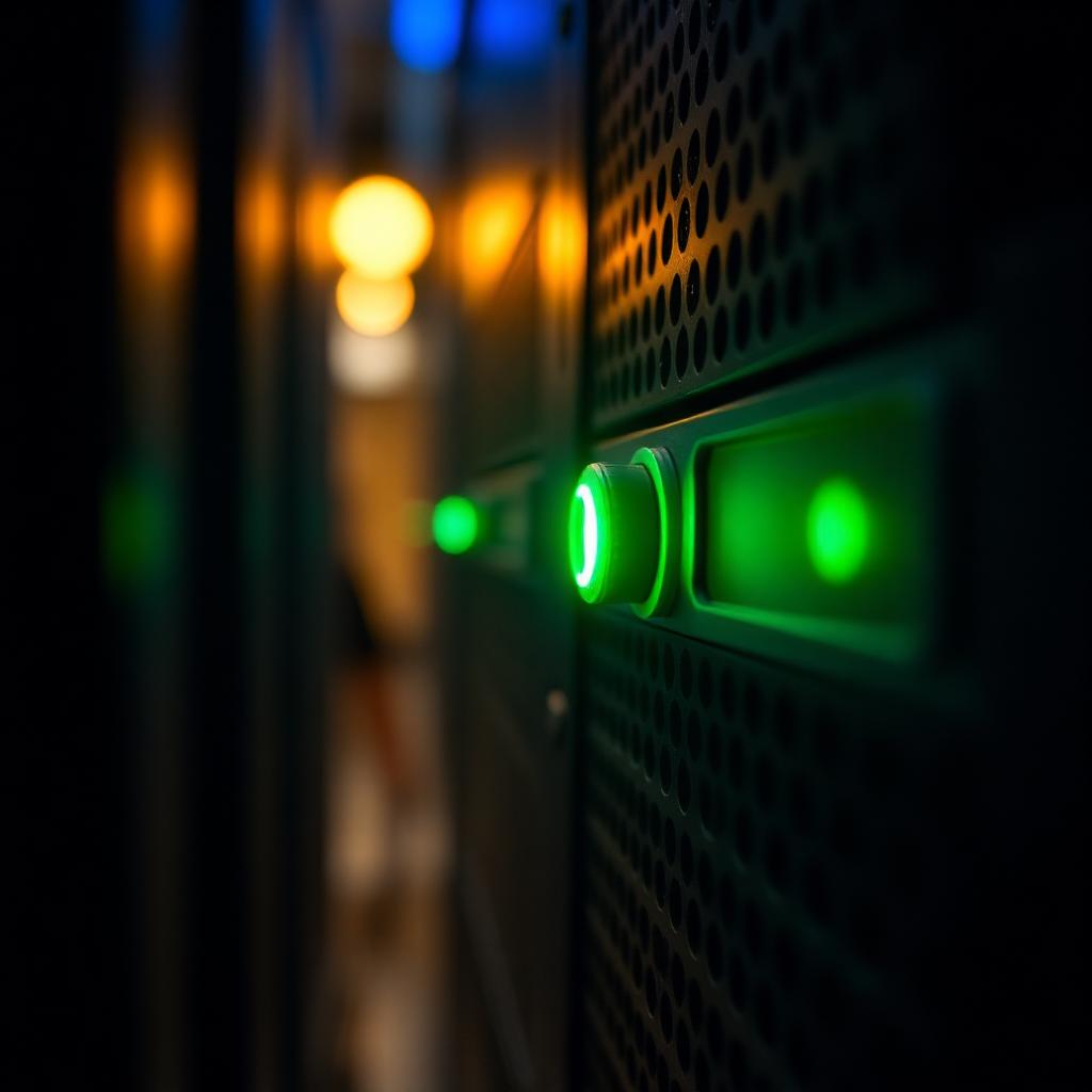 Server racks in a data centre with cool blue status lights
